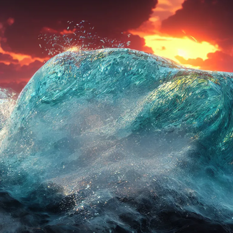 Image similar to a cinematic shot of an epic wave at sunset, octane render, volumetric lighting, nvidia raytracing demo, by Andy Thomas, Mario Martinez, Daniel Mirante, Gustave Dore, Artstation, CGsociety, masterpiece