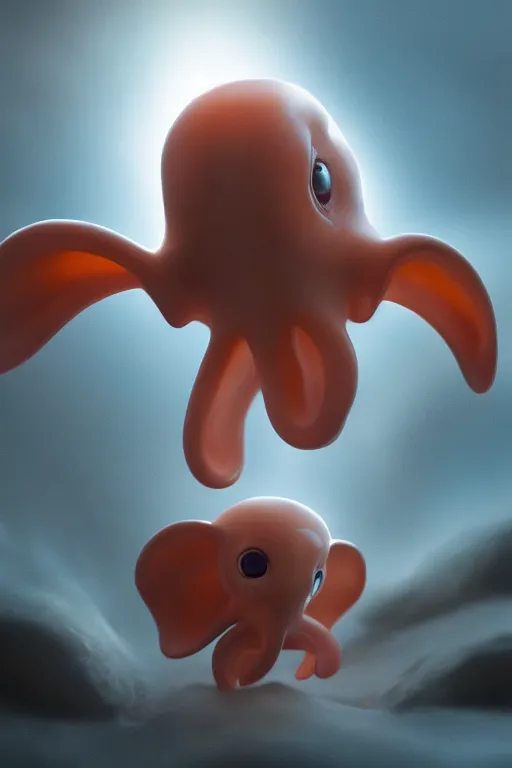 Image similar to cute baby Dumbo octopus, dramatic lighting, cinematic, establishing shot, extremely high detail, foto realistic, cinematic lighting, post processed, concept art, high details, cinematic, 8k resolution, beautiful detailed, photorealistic, digital painting, artstation, concept art, smooth, sharp focus, artstation trending, octane render, unreal engine