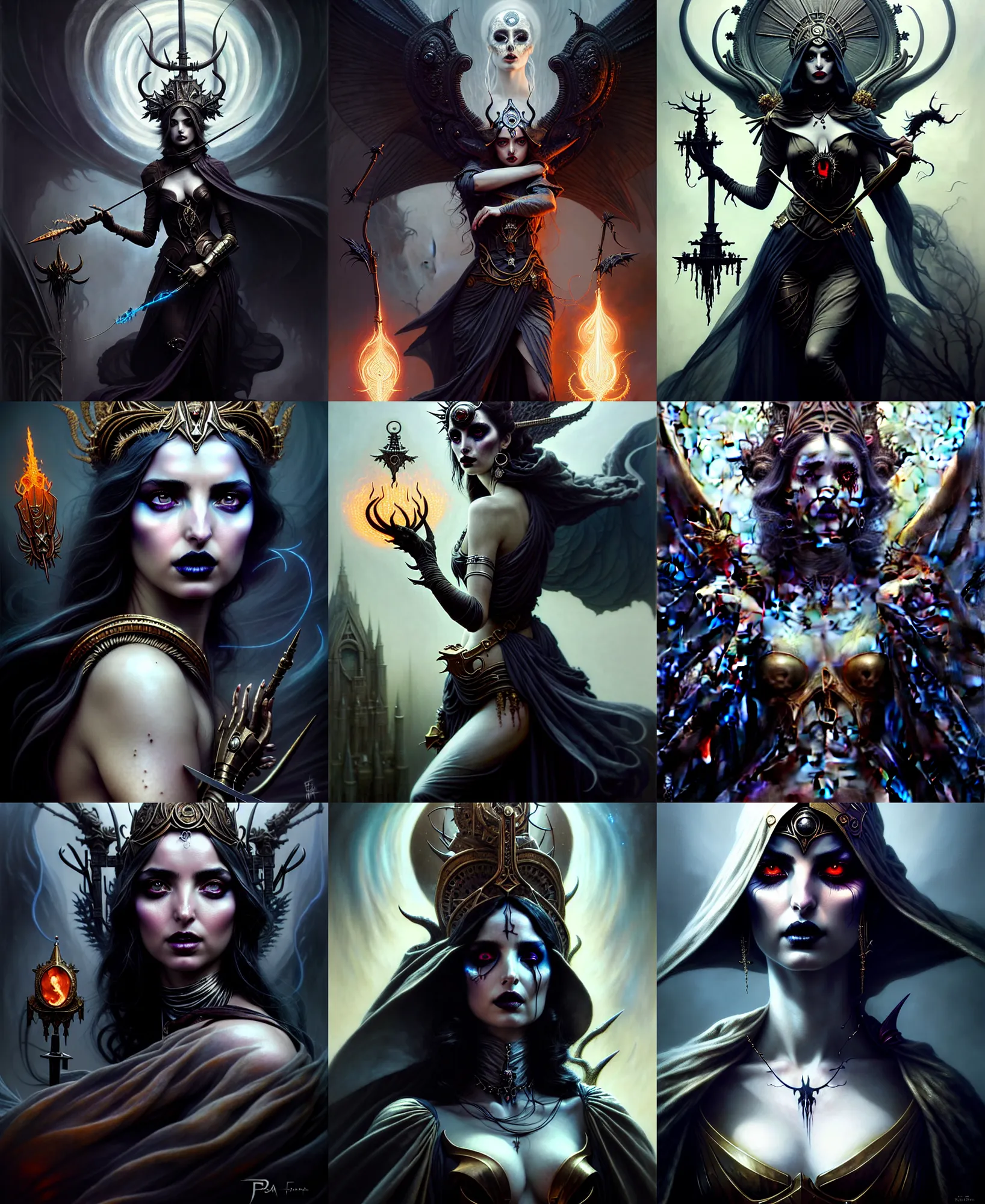 Prompt: beautiful fantasy character portrait, ana de armas as the goddess of death, ultra realistic, wide angle, intricate details, black smoke, dramatic lighting, highly detailed by peter mohrbacher, magali villeneuve, wayne barlowe, boris vallejo, tom bagshaw, dishonored 2, ritualistic tattoos
