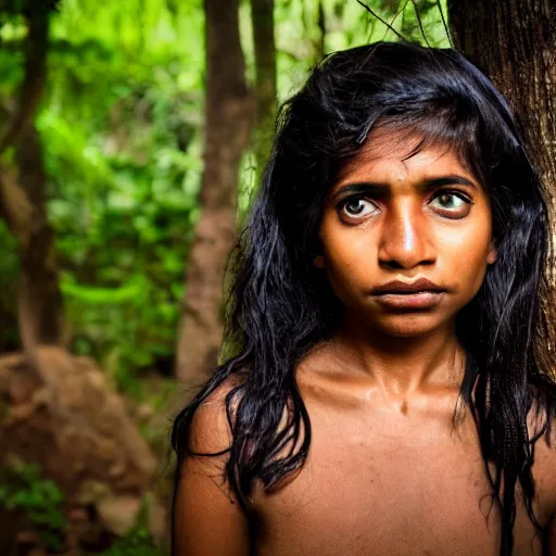 Image similar to a professional photo of a sri lankan jungle girl, black hair, light freckled skin and a look of panic on face. extremely high fidelity. key light.