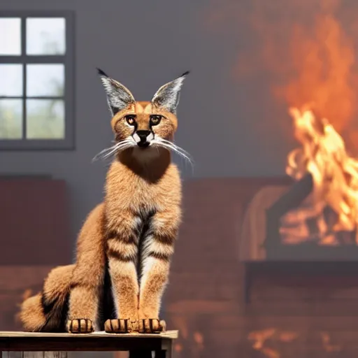 Prompt: wide-angle photo of cute caracal sitting on a wooden chair near a table in a room, flames of fire at background, octane render, 3d, 8k , hd, studio light