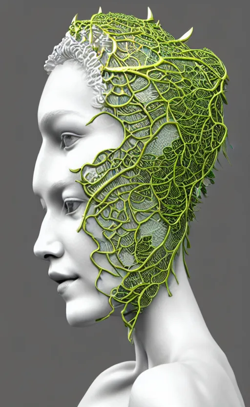 Image similar to complex 3d render of a beautiful porcelain profile woman face, vegetal dragon cyborg, 150 mm, beautiful natural soft light, rim light, silver gold metallic details, magnolia lime green big leaves and stems, ultra detailed , roots, fine lace, maze like, mandelbot fractal, anatomical, facial muscles, cable wires, microchip, elegant, white metallic armour, octane render, black and white, H.R. Giger style