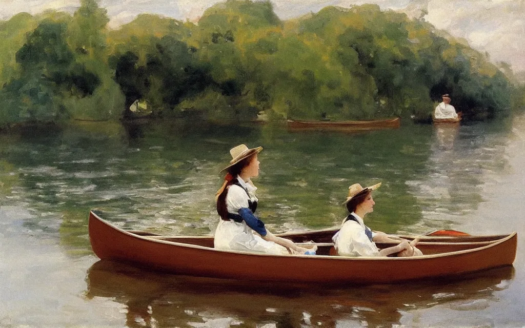 Image similar to “ a girl sitting in canoe on a river drinking beer, john siner sargent ”
