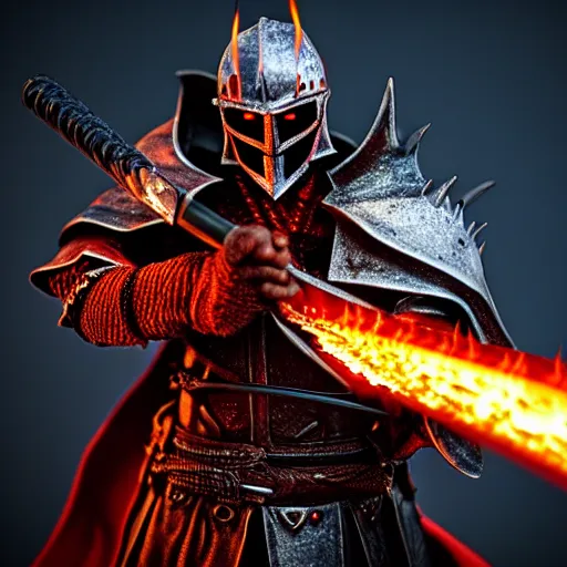 Prompt: hell knight with a flaming sword, highly detailed, 4k, HDR, smooth, sharp focus, hyper realistic, high resolution