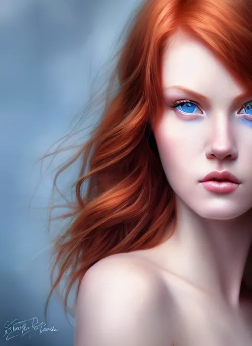 Image similar to portrait photo of a gorgeous young redhead woman with blue eyes in the style of stefan kostic, realistic, sharp focus, 8k high definition, insanely detailed, intricate, elegant, art by stanley lau and artgerm