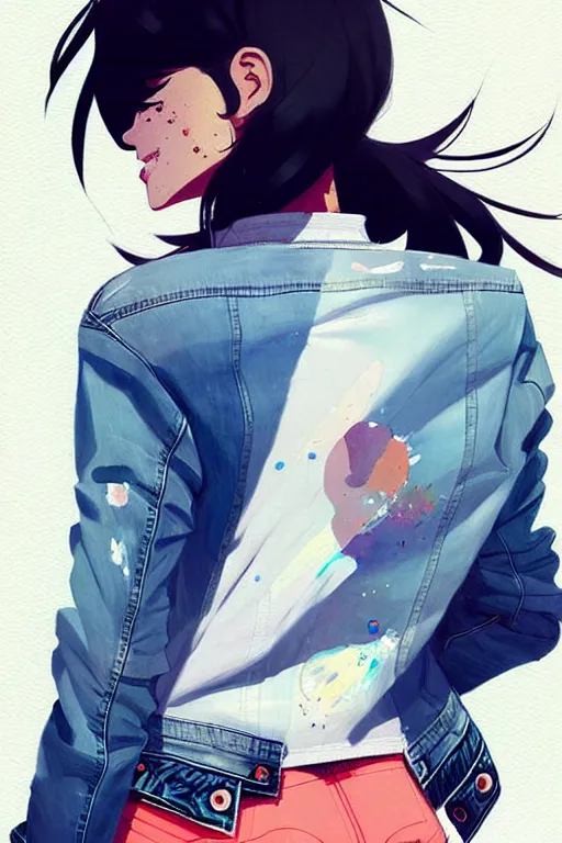 Image similar to a ultradetailed beautiful painting of a stylish woman in a denim jacket and shorts, by conrad roset, greg rutkowski and makoto shinkai trending on artstation