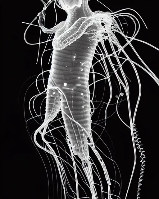 Image similar to black and white young cyborg-human-jellyfish-plant goddess high quality photo, microchip, artificial intelligence, bio-mechanical bio-luminescence, black wired cables, neurons, nerve cells, octane render, cinematic, rim light, hyper realism, photo-realistic, high detail, 8k, masterpiece, high fashion, in the style of Steven Meisel and Dora Maar and H.G. Giger