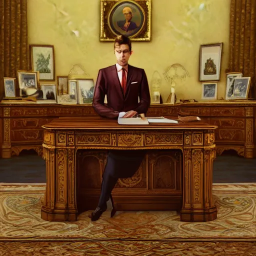 Prompt: hyperrealistic mixed media image of a illustrious duck in a tiny blazer and tie standing in the desk in the oval office, stunning 3 d render inspired art by istvan sandorfi and greg rutkowski, perfect facial symmetry, realistic, highly detailed attributes and atmosphere, dim volumetric cinematic lighting, 8 k octane extremely hyper - detailed render, post - processing, masterpiece,