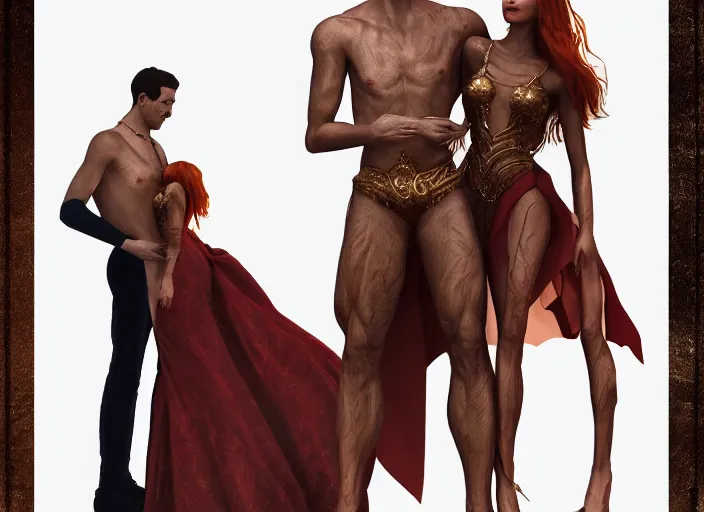 Image similar to man and woman in pose of couple vol 2 photo reference pack for artists, spirit hugs, gold trim, atmoshperic, elegant, sharp focus, huge lips, poses by satine zillah, environment by hw 6 5 2 3, art by ilya ozornin, artstation, intricate details, concept art