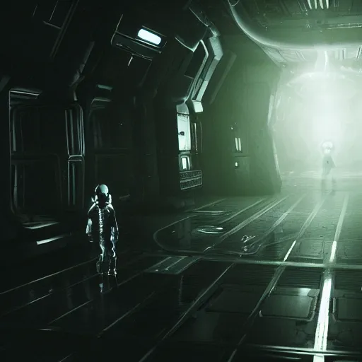 Image similar to alien running behind an astronaut in a space station corridor, alien! alien isolation, horror, highly detailed, 4 k, game screenshot, dark, white lightning