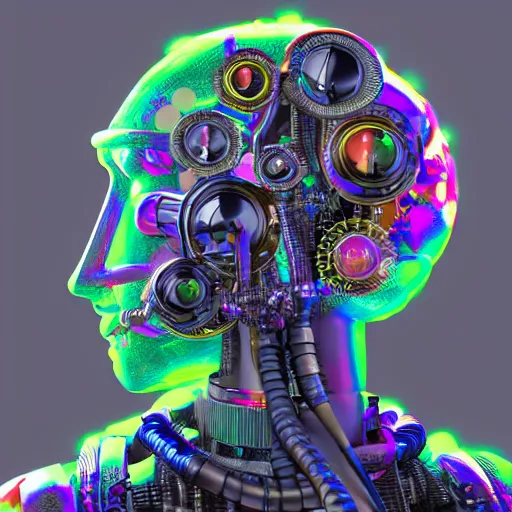 Prompt: mockup of a tshirt with a chrome statue of a steampunk futuristic robot head wearing brain sensors with multicolored tubes and a headset, 8 k, front shot, symetrical, flourescent colors, halluzinogenic, multicolored, insanely detailed, front shot, 3 d render, octane