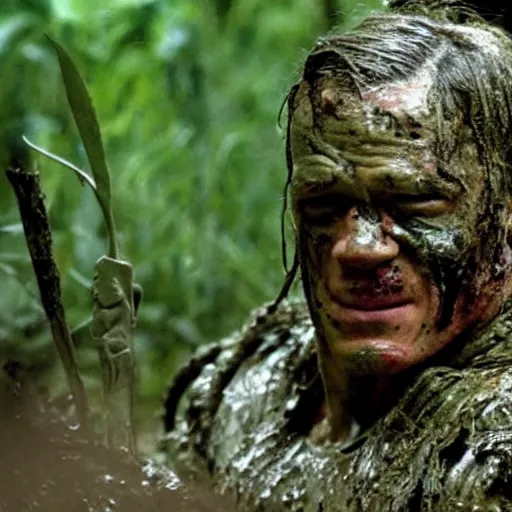 Image similar to film still of john cena as major dutch, covered in mud, hiding from the predator in swamp scene in 1 9 8 7 movie predator, hd, 8 k