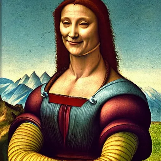 Image similar to Portrait of a smiling Italian woman with arms crossed, against a distant landscape background, 1505. Oil painting by Leonardo da Vinci.