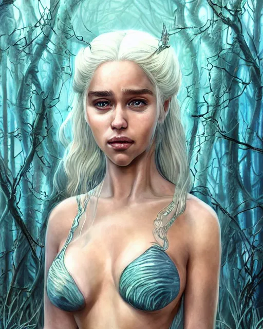 Prompt: Daenerys Targaryen as a mermeid with a piercing gaze wearing a shell bikini in an underwater magical forest, highly detailed face, realistic face, beautiful detailed eyes, fantasy art, in the style of JOHN STEPHENS, illustration, epic, fantasy, intricate, hyper detailed, artstation, concept art, smooth, sharp focus, ray tracing, vibrant, photorealistic