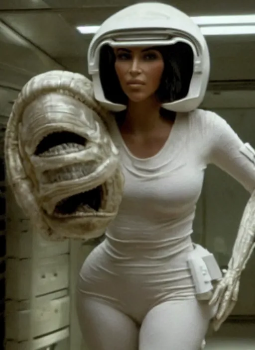 Image similar to movie still full pov of kim kardashian wearing a alien facehugger mask, in the movie alien. cinematic full shot.