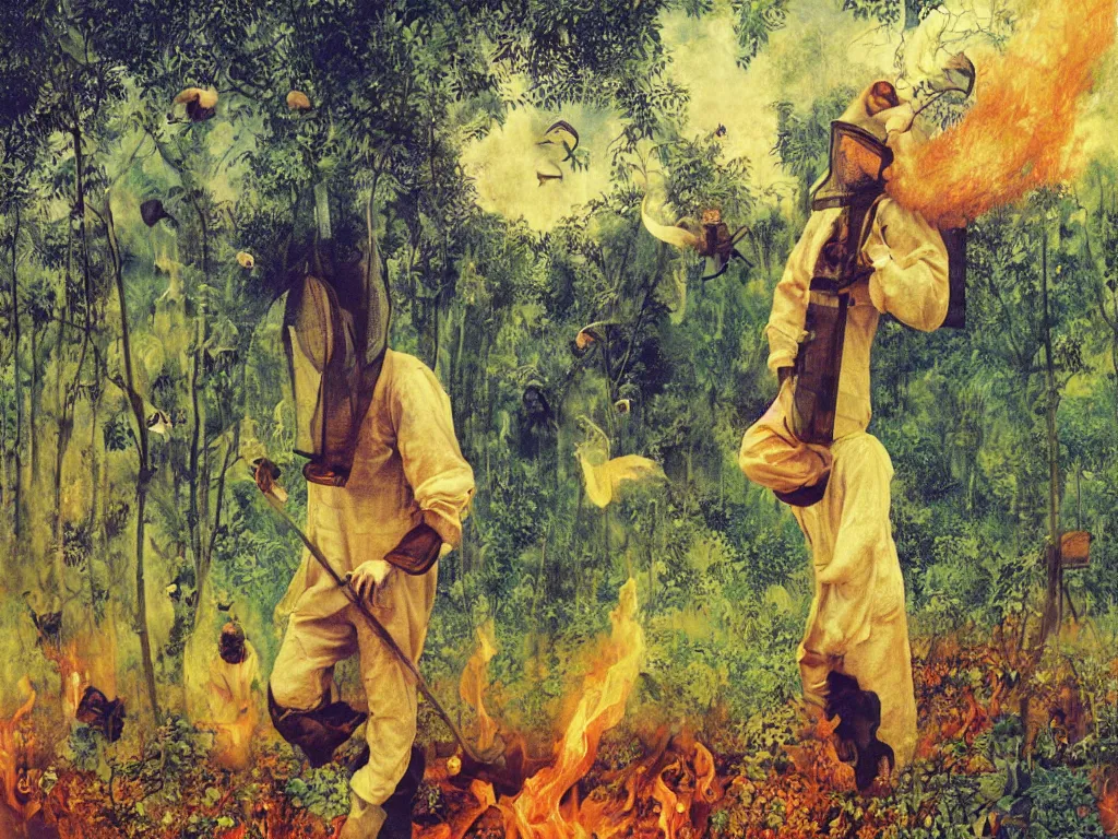 Prompt: man in white beekeeper suit with burning orchard and jungle animals running from the devil. painting by mikalojus konstantinas ciurlionis, bosch, wayne barlowe, agnes pelton, rene magritte