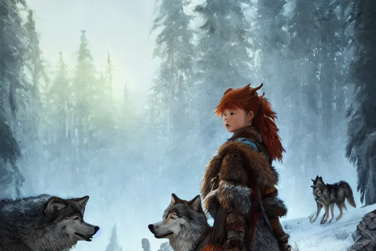 Image similar to photo of Aloy surrounded by happy wolves, highly detailed, photorealistic, reflections, smooth, sharp focus, concept art, illustration, beautiful, geometric, trending on artstation, cinematic, featured on behance , artwork by WLOP and Tran, Ross