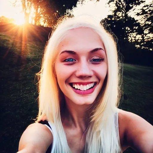 Image similar to beautiful selfie of a cute thin young woman smiling smugly, long light platinum blonde hair, flushed face, small heart - shaped face, cute freckles, light blue eyes, golden hour, 8 k, instagram