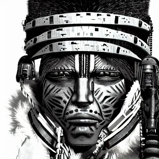 Image similar to a aztec/native american cybernetic mercenary in the style of Jean Giraud Photorealistic HD 8k highlights and shadow detailed High Resolution