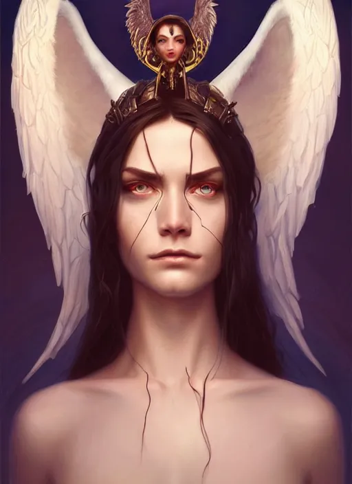 Image similar to portrait of a beautiful androgynous fallen angel, hyperborea lemuria, legendary, pixar doll decollete deep focus, d & d, fantasy, intricate, elegant, highly detailed, digital painting, artstation, concept art, matte, sharp focus, illustration, hearthstone, art by rhads by artgerm and greg rutkowski and alphonse mucha