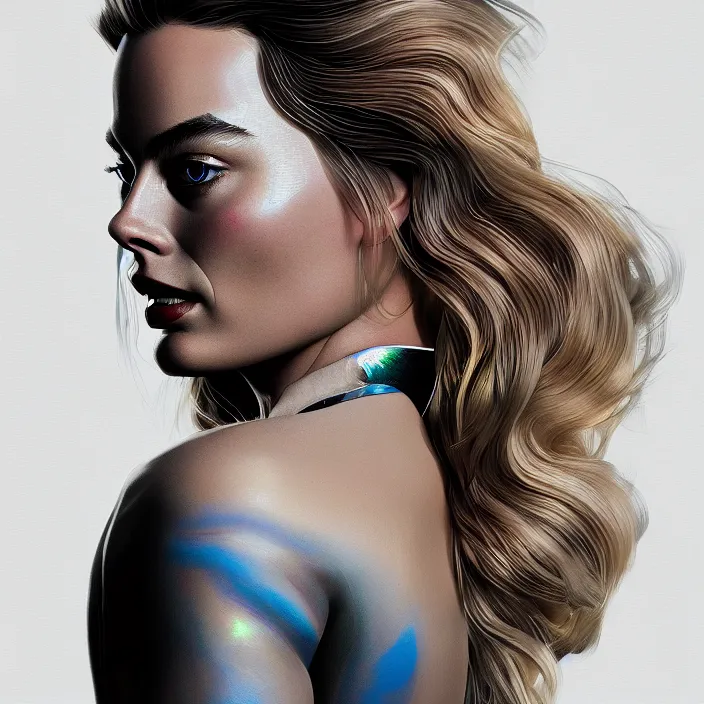 Image similar to portrait of margot robbie, iphone. intricate artwork. by tooth wu, wlop, beeple, dan mumford. octane render, trending on artstation, greg rutkowski very coherent symmetrical artwork. cinematic, hyper realism, high detail, octane render, 8 k, iridescent accents