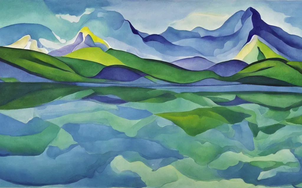 Image similar to the alps and reflection in a lake in the style of georgia o keeffe. colorful, wavy. painting. medium long shot. perspective. color palette of blue, yellow, purple, green. alpenguhen