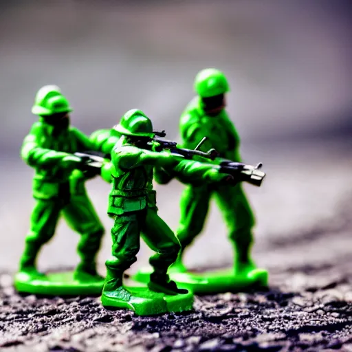 Image similar to 5 green plastic toy soldiers in set on fire with fuel . close up. DOF 100mm. F/1.8 45 45 degrees angle