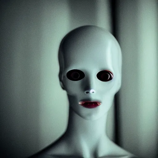 Image similar to A lightly-tanned!!!!! mannequin-esque figure with white-glowing!!!!! eyes, in a dark!!!!! room, staring!!!!! into the camera, creepy atmosphere, eerie art style, photorealistic!!!!! facial features, close-up!!!!!, macro image!!!!!, trending on artstation, 4k, 8k