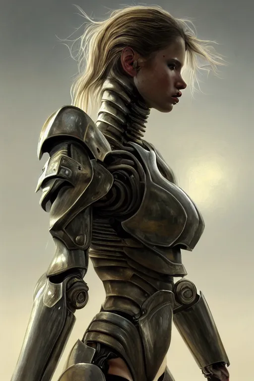 Prompt: a photorealistic painting of an attractive young girl, partially clothed in dirty metal-plated battle armor, dirty olive skin, long dark hair, beautiful bone structure, perfectly symmetrical face, perfect eyes, intricate, elegant, digital painting, concept art, illustration, sharp focus, minimal artifacts, volumetric lighting, from Metal Gear, in the style of Greg Rutkowski, trending on Artstation, award winning