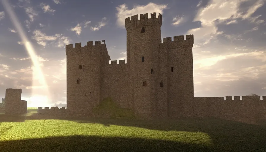 Prompt: Perspective of a wide and very very beautiful medieval castle with a wide wall with many large windows. The weather is beautiful, and some god rays are visible. Trending on artstation, 4k digital art