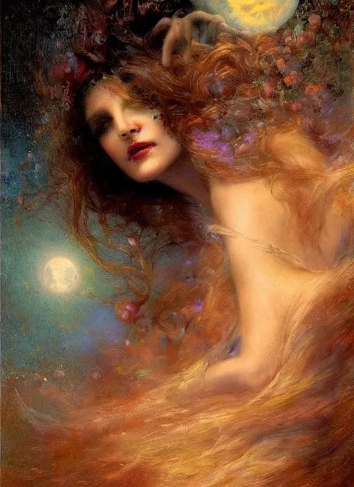 Image similar to surrealism, abstract, witch, portrait, close - up, make up, full big moon, painting by gaston bussiere, soft light