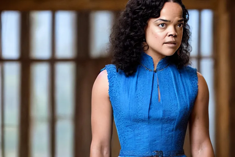 Image similar to portrait of tessa thompson wearing a blue dress on an old west plantation in westworld