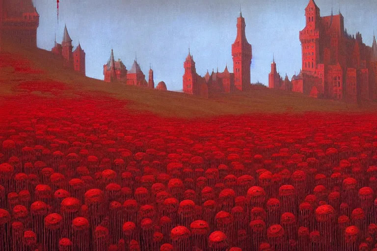 Image similar to only with red, red flowers of different types, red castle in background, red medieval goblins, in the style of beksinski, parts by edward hopper, parts by rodcenko, parts by yue minjun, intricate and epic composition, red by caravaggio, insanely quality, highly detailed, masterpiece, red light, artstation, 4 k