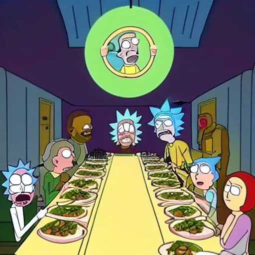 Image similar to rick and morty tv show characters in the last supper