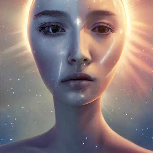 Prompt: sci - fi, close - up, 3 d, moon rays, night, sleepy fashion model face, cinematic, clouds, sun rays, vogue cover style, stars, blue mood, realistic painting, intricate oil painting, high detail illustration, figurative art, multiple exposure, poster art, 3 d, by tooth wu and wlop and beeple and greg rutkowski