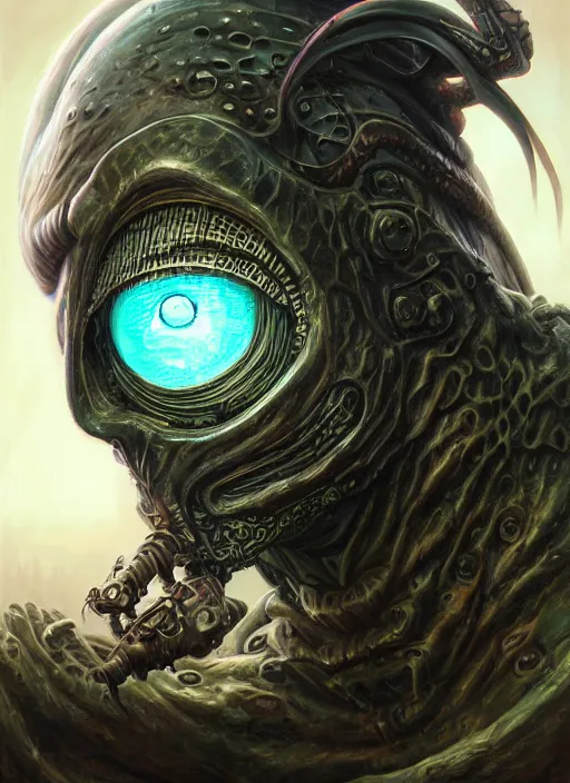 Image similar to cyberpunk hp lovecraft monster mf doom reptile eyes, dark metallic skin, highly detailed, centered, digital painting, artstation, concept art, smooth, sharp focus, illustration, artgerm, tomasz alen kopera, peter mohrbacher, donato giancola, joseph christian leyendecker, wlop, frank frazetta