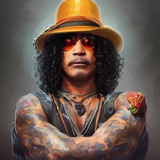 Prompt: slash portrait guns and roses, intricate, highly detailed, digital painting, artstation, concept art, smooth, sharp focus, illustration, unreal engine 5, 8 k, art by artgerm and greg rutkowski and alphonse mucha