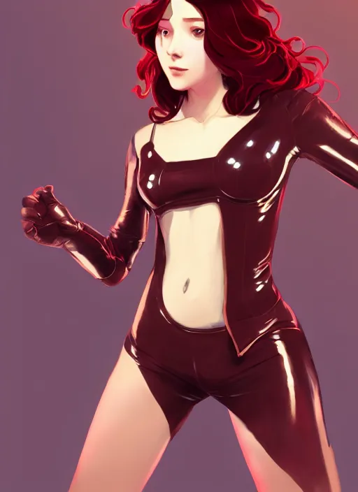 Prompt: concept art of a pretty young woman with shoulder length shiny shimmering dark red hair and wearing leather suit, concept art, t - pose, full body, path traced, highly detailed, high quality, digital painting, by studio ghibli and alphonse mucha, leesha hannigan, makoto shinkai, disney