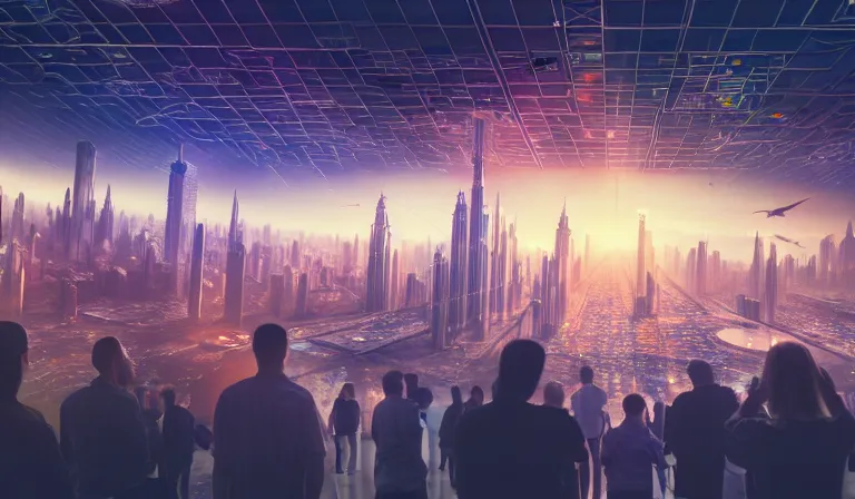 Image similar to crowd of people in large open museum, looking at hologram of futuristic city on a table, cinematic concept art, godrays, golden hour, natural sunlight, 4 k, clear details, tabletop model buildings, center model buildings, hologram center, crane shot, crane shot, crane shot