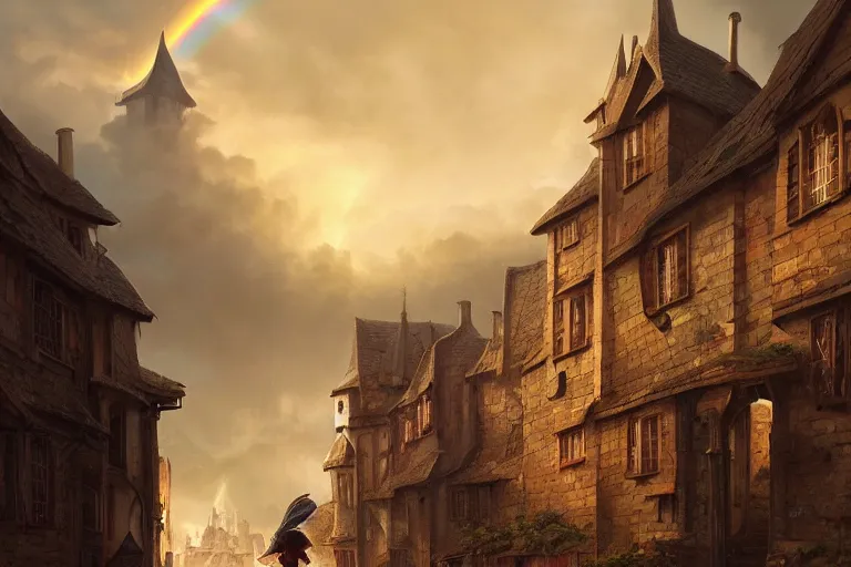 Image similar to Waterdeep seen from afar by a mage girl and a gnome approaching the medieval town. Golden hour with a dark stormy sky and rainbow. Very beautiful matte painting by Greg Rutkowski