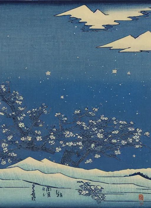 Prompt: blue roses on a mountain melting into the sky with stars of utagawa hiroshige