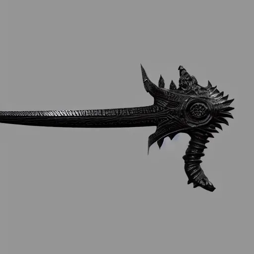 Image similar to a black long sword skull crest, orthographic, ornament, weapon, a 3 d render by dom qwek, studio lighting, front side view full sheet, trending on polycount, artstation, hard surface modeling, rendered in maya, 3 ds max, blender, artstation hd, vray