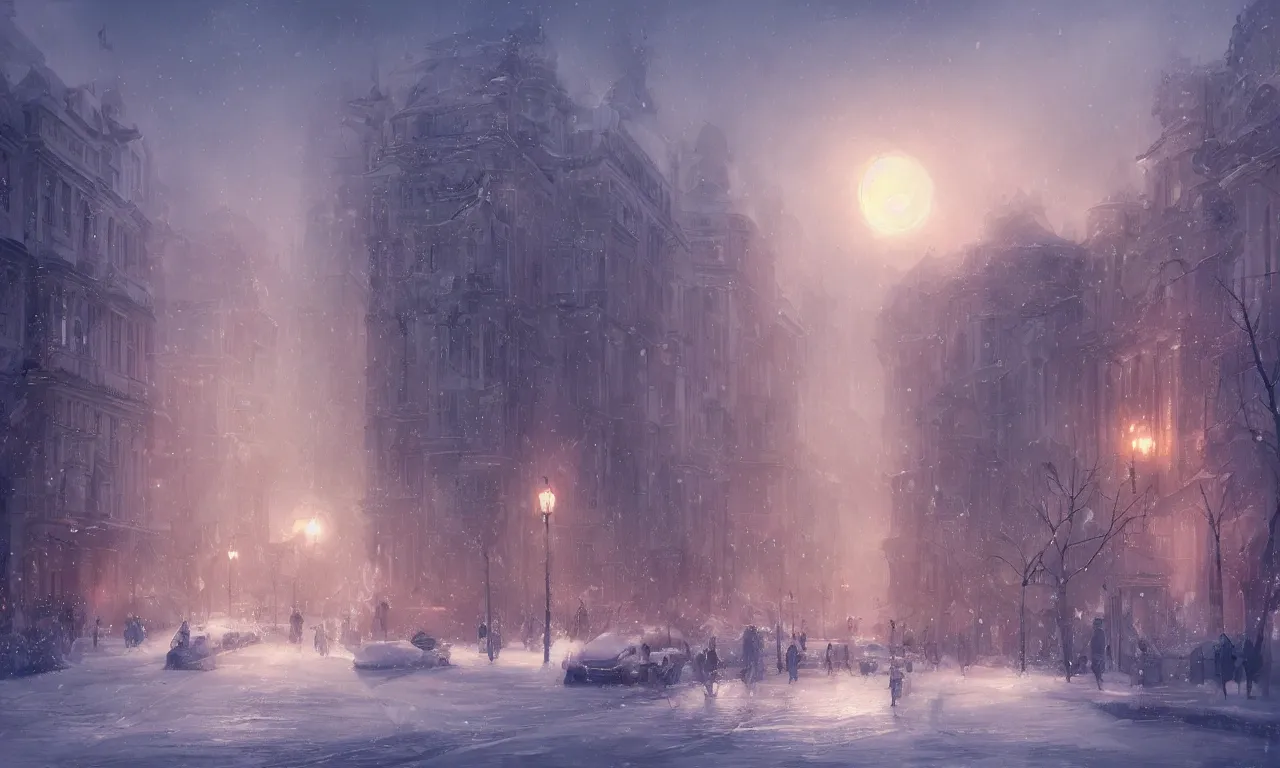 Prompt: a concept of Bucharest in winter in the style of Charlie Bowater, Charlie Bowater , sunset