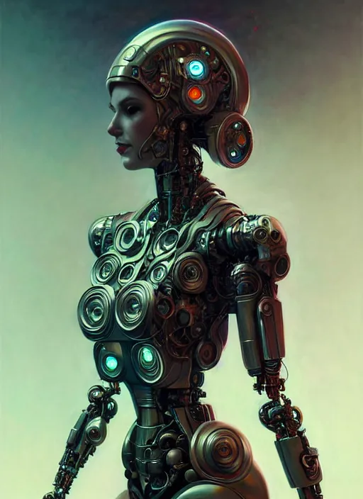 Image similar to full length a cyberpunk robot woman, intricate, elegant, highly detailed, centered, digital painting, artstation, concept art, smooth, sharp focus, illustration, artgerm, tomasz alen kopera, peter mohrbacher, donato giancola, joseph christian leyendecker, wlop, boris vallejo