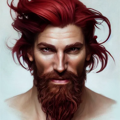 Image similar to portrait of a young ruggedly handsome but joyful pirate, male, masculine, upper body, red crimson crimson hair, long flowing hair, fantasy, smug smirk, intricate, elegant, highly detailed, digital painting, artstation, concept art, matte, sharp focus, illustration, art by artgerm and greg rutkowski and alphonse mucha