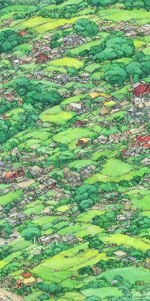 Prompt: Farm on the hillside containing various crops and fruits, landscape, very detailed, art by Studio Ghibli