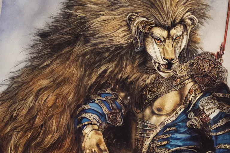 Prompt: 8k Yoshitaka Amano painting of upper body of a young cool looking lion beast-man at a medieval market at windy day. White mane, Depth of field. He is wearing complex fantasy armors. He has huge paws. Renaissance style lighting.