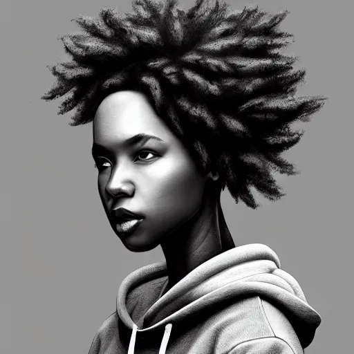 Prompt: portrait of a black asian woman - alyx vance wearing a gray hoodie, sci - fi, intricate, elegant, highly detailed, digital painting, artstation, concept art, smooth, sharp focus, illustration, by bartek fedyczak, erak note, tooth wu, neil richards, kan liu, siwoo kim, jisu choe