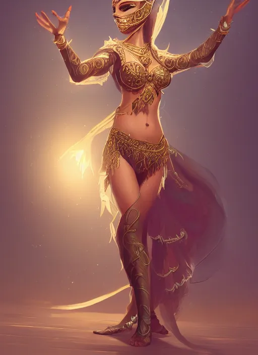 Image similar to a highly detailed illustration of a masked elegant elf arabian dancer, gracefully belly dancing pose, waving arms, intricate, elegant, highly detailed, centered, digital painting, artstation, concept art, smooth, sharp focus, league of legends concept art, WLOP