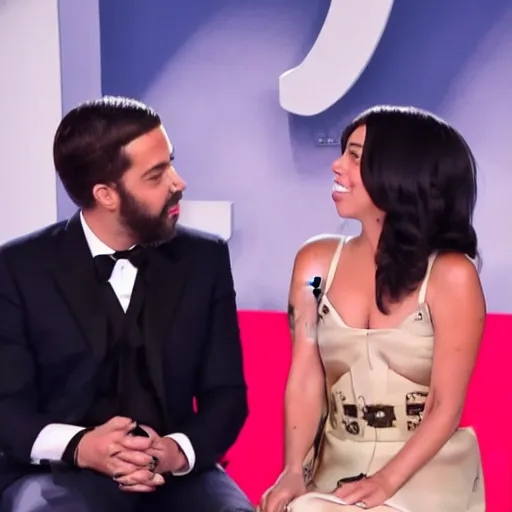 Image similar to lady gaga and aubrey plaza side eyeing each other during a late show interview